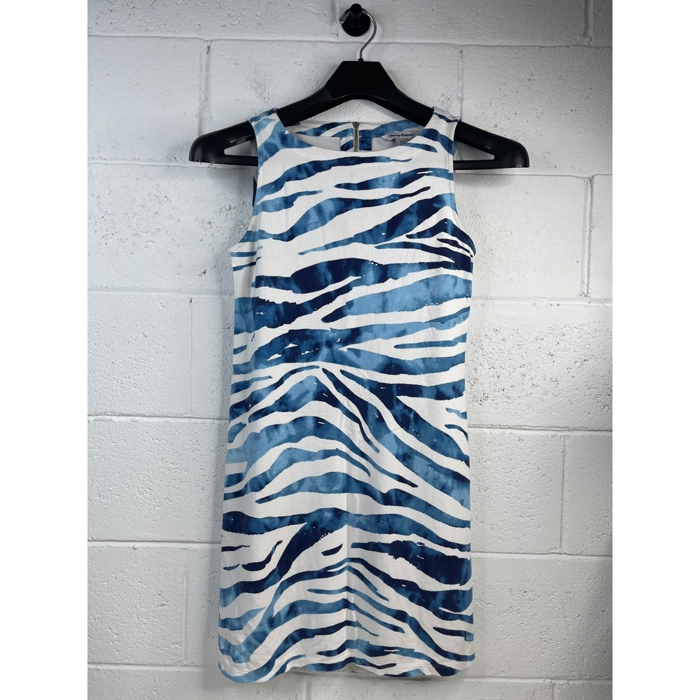 Tommy Bahama Watercolor Zebra Shift Dress Womens Small Blue White Tencel Modal